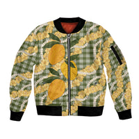 Uliuli Ahiahia Hawaiian Mango Palaka Sleeve Zip Bomber Jacket Aloha Hibiscus Pikake Lei