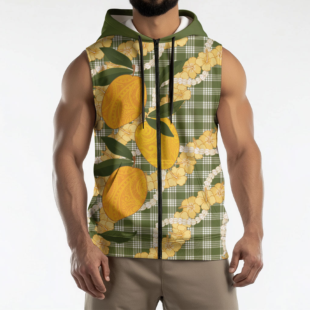 Uliuli Ahiahia Hawaiian Mango Palaka Sleeveless Zip Hoodie Aloha Hibiscus Pikake Lei