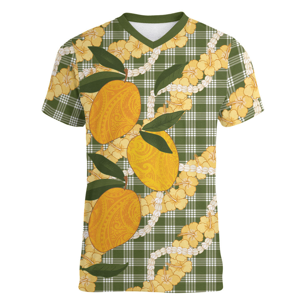 Uliuli Ahiahia Hawaiian Mango Palaka Women V-Neck T-Shirt Aloha Hibiscus Pikake Lei
