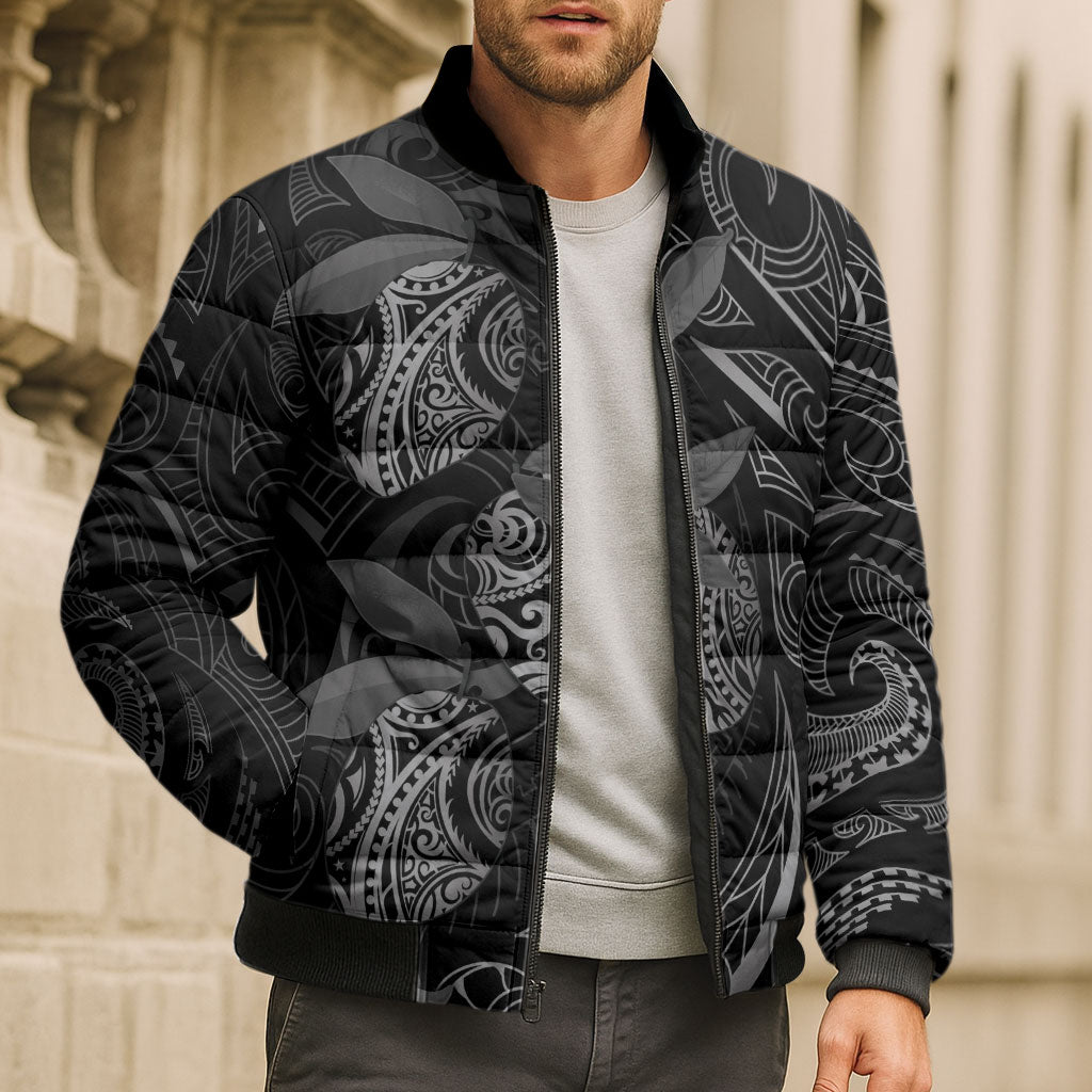 Hawaiian Mango Tribal Tattoo Bomber Puffer Jacket Black White Pacific Traditional Pattern