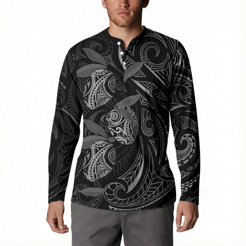 Hawaiian Mango Tribal Tattoo Button Sweatshirt Black White Pacific Traditional Pattern