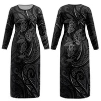 Hawaiian Mango Tribal Tattoo Couples Matching Long Sleeve Bodycon Dress and Hawaiian Shirt Black White Pacific Traditional Pattern