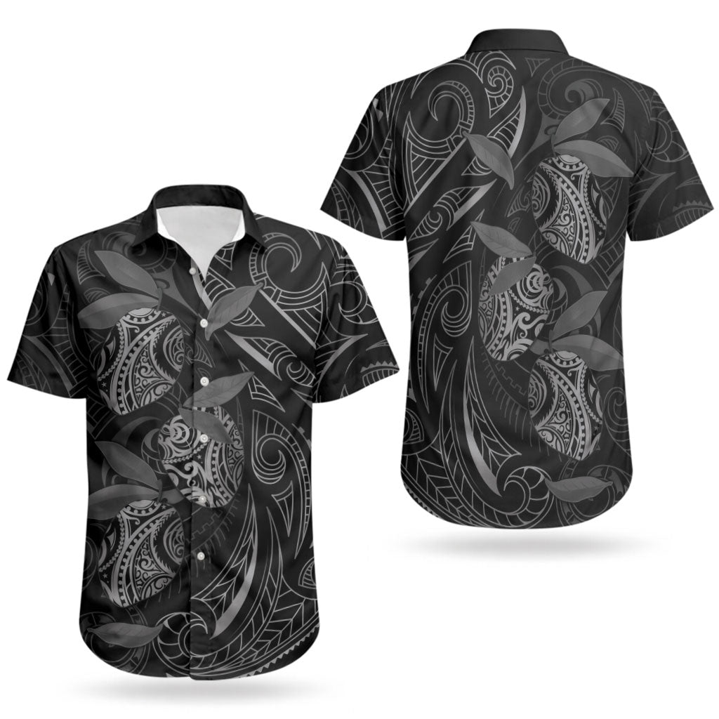 Hawaiian Mango Tribal Tattoo Couples Matching Off Shoulder Maxi Dress and Hawaiian Shirt Black White Pacific Traditional Pattern