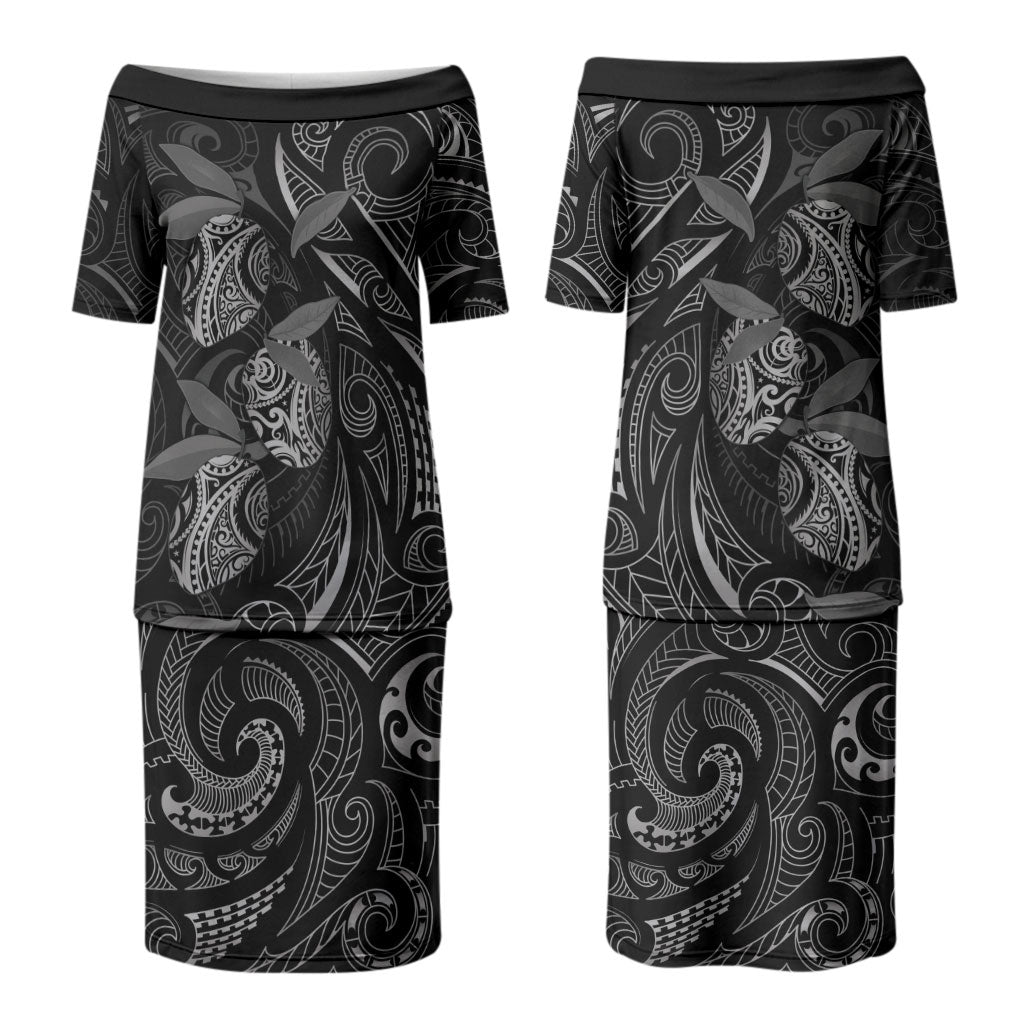 Hawaiian Mango Tribal Tattoo Couples Matching Puletasi and Hawaiian Shirt Black White Pacific Traditional Pattern