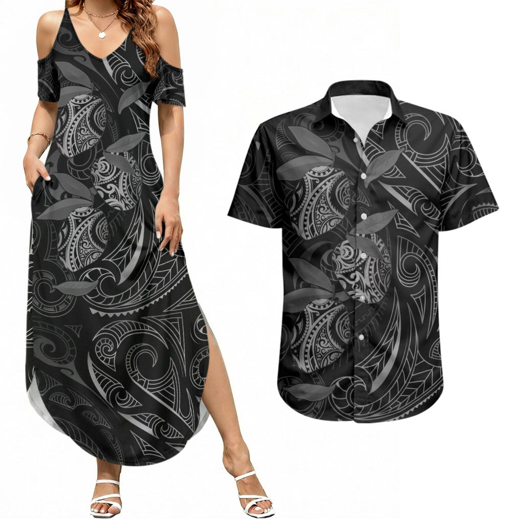 Hawaiian Mango Tribal Tattoo Couples Matching Summer Maxi Dress and Hawaiian Shirt Black White Pacific Traditional Pattern