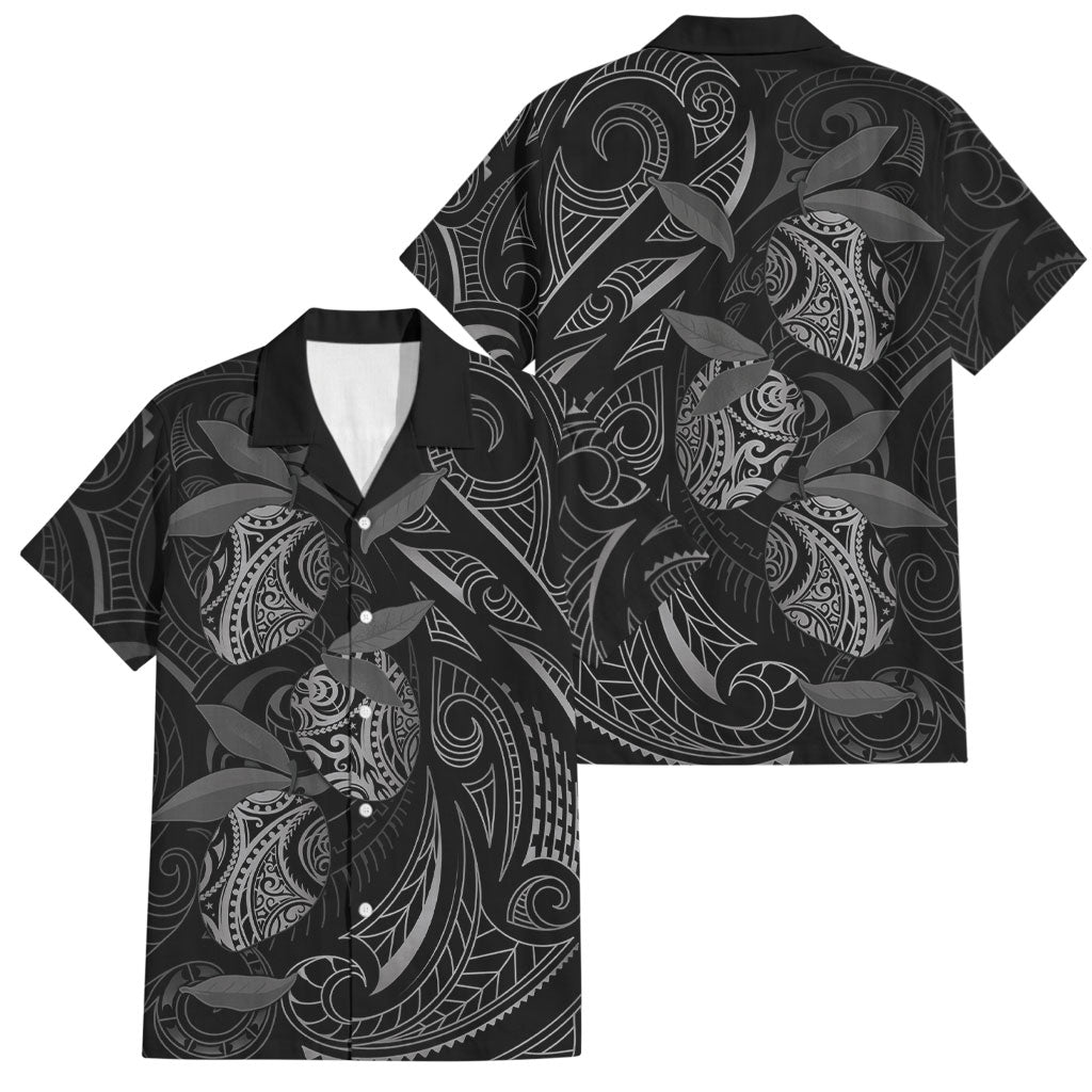 Hawaiian Mango Tribal Tattoo Family Matching Off The Shoulder Long Sleeve Dress and Hawaiian Shirt Black White Pacific Traditional Pattern