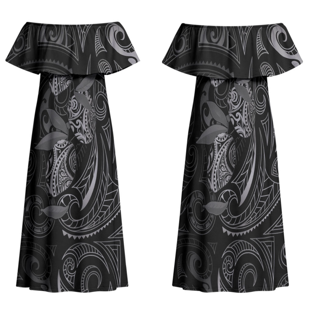 Hawaiian Mango Tribal Tattoo Family Matching Off Shoulder Maxi Dress and Hawaiian Shirt Black White Pacific Traditional Pattern