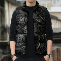 Hawaiian Mango Tribal Tattoo Sleeveless Puffer Jacket Black White Pacific Traditional Pattern