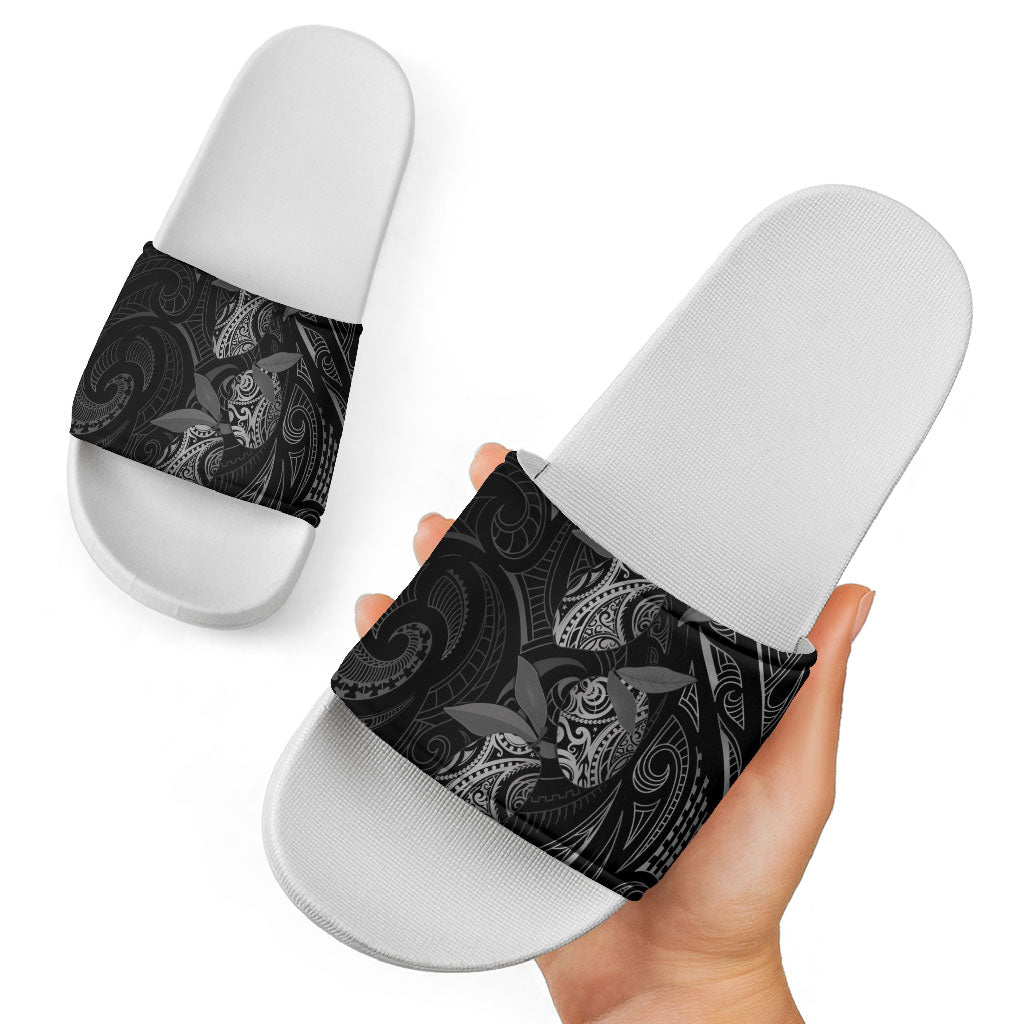 Hawaiian Mango Tribal Tattoo Slide Sandals Black White Pacific Traditional Pattern