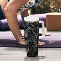 Hawaiian Mango Tribal Tattoo Tumbler With Handle Black White Pacific Traditional Pattern