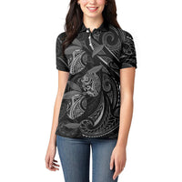 Hawaiian Mango Tribal Tattoo Women Polo Shirt Black White Pacific Traditional Pattern