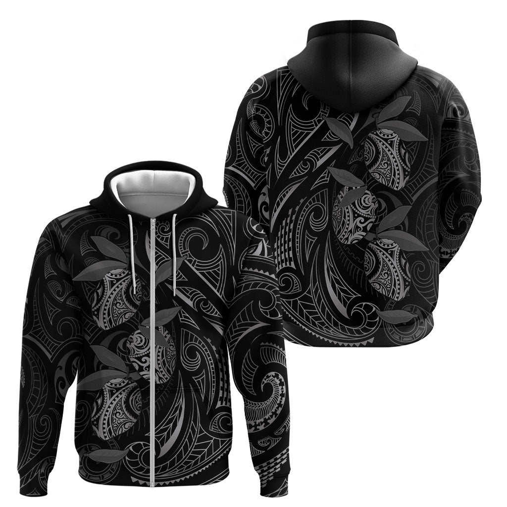 Hawaiian Mango Tribal Tattoo Zip Hoodie Black White Pacific Traditional Pattern