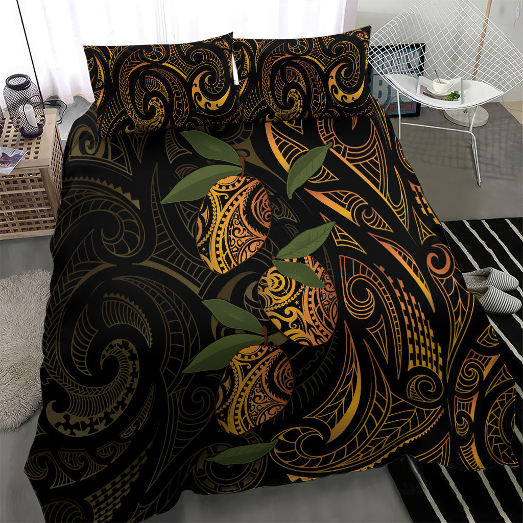 Hawaiian Mango Tribal Tattoo Bedding Set Gold Pacific Traditional Pattern