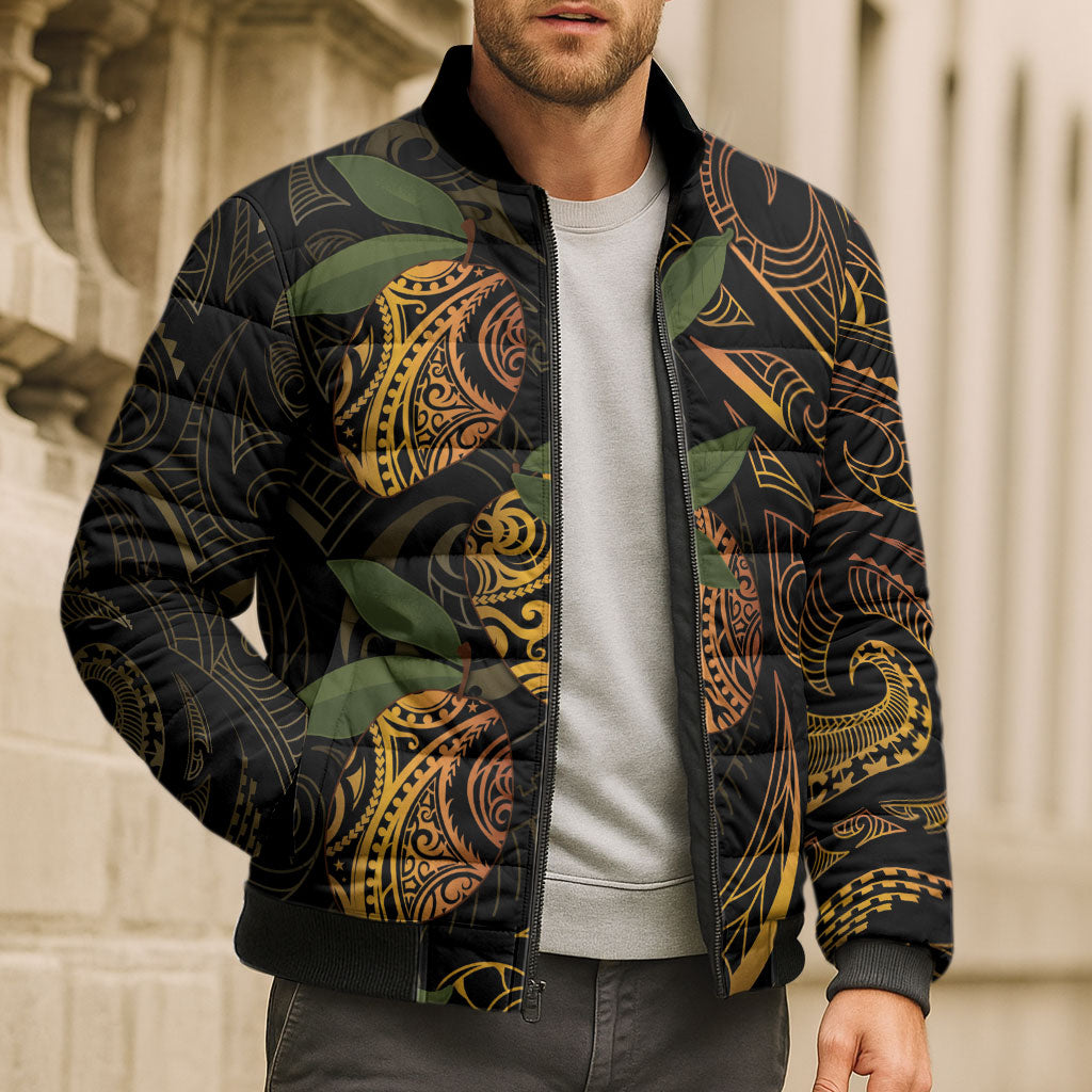 Hawaiian Mango Tribal Tattoo Bomber Puffer Jacket Gold Pacific Traditional Pattern