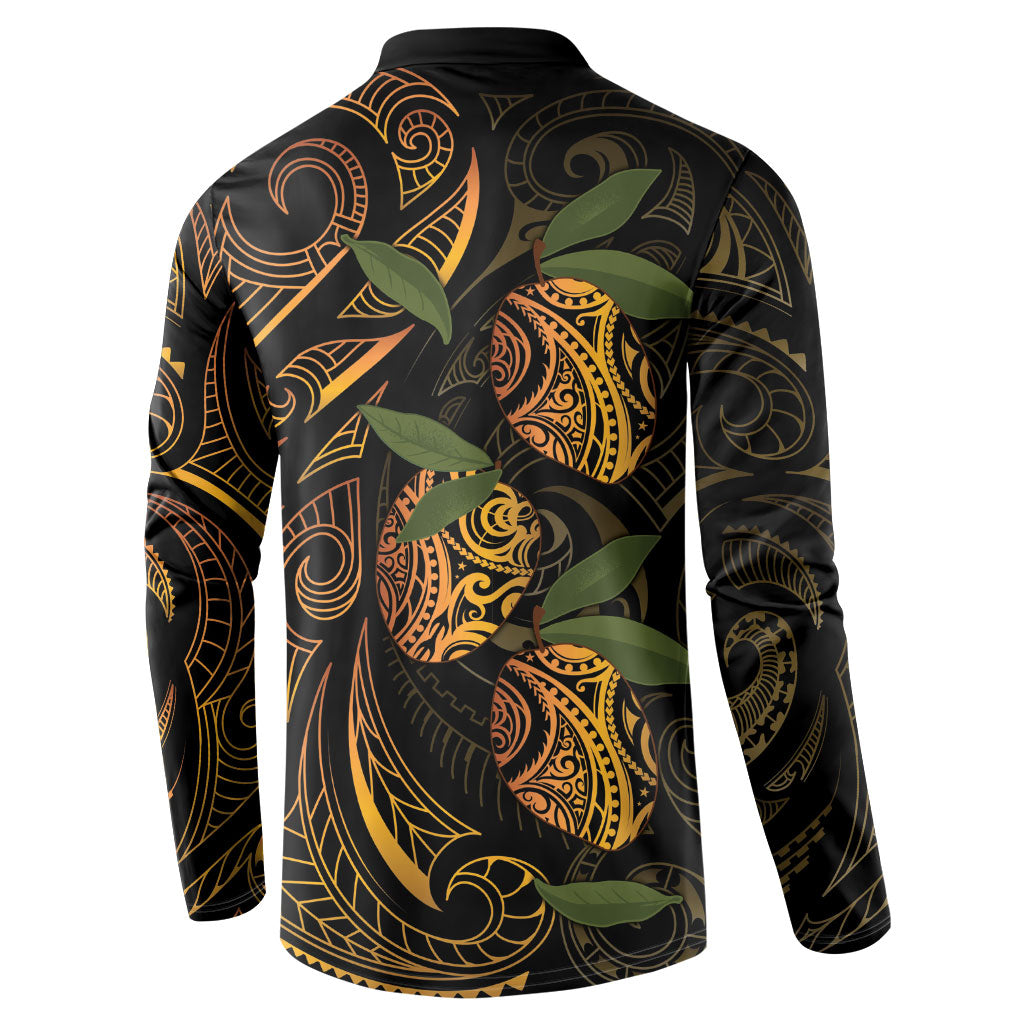 Hawaiian Mango Tribal Tattoo Button Sweatshirt Gold Pacific Traditional Pattern