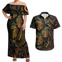 Hawaiian Mango Tribal Tattoo Couples Matching Off Shoulder Maxi Dress and Hawaiian Shirt Gold Pacific Traditional Pattern