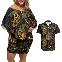 Hawaiian Mango Tribal Tattoo Couples Matching Off Shoulder Short Dress and Hawaiian Shirt Gold Pacific Traditional Pattern