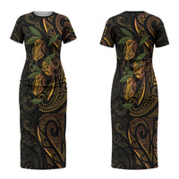 Hawaiian Mango Tribal Tattoo Couples Matching Short Sleeve Bodycon Dress and Long Sleeve Button Shirt Gold Pacific Traditional Pattern