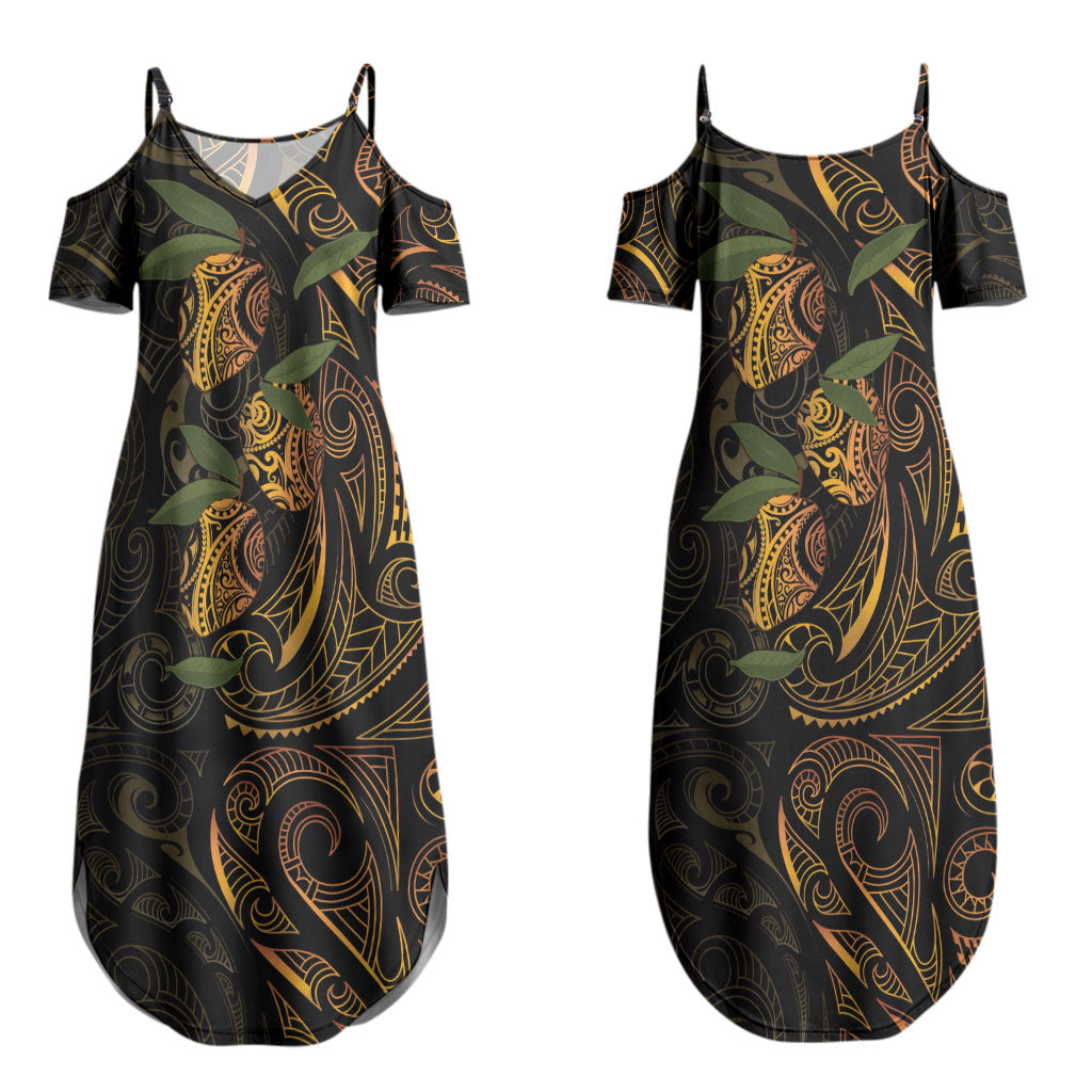Hawaiian Mango Tribal Tattoo Couples Matching Summer Maxi Dress and Long Sleeve Button Shirt Gold Pacific Traditional Pattern