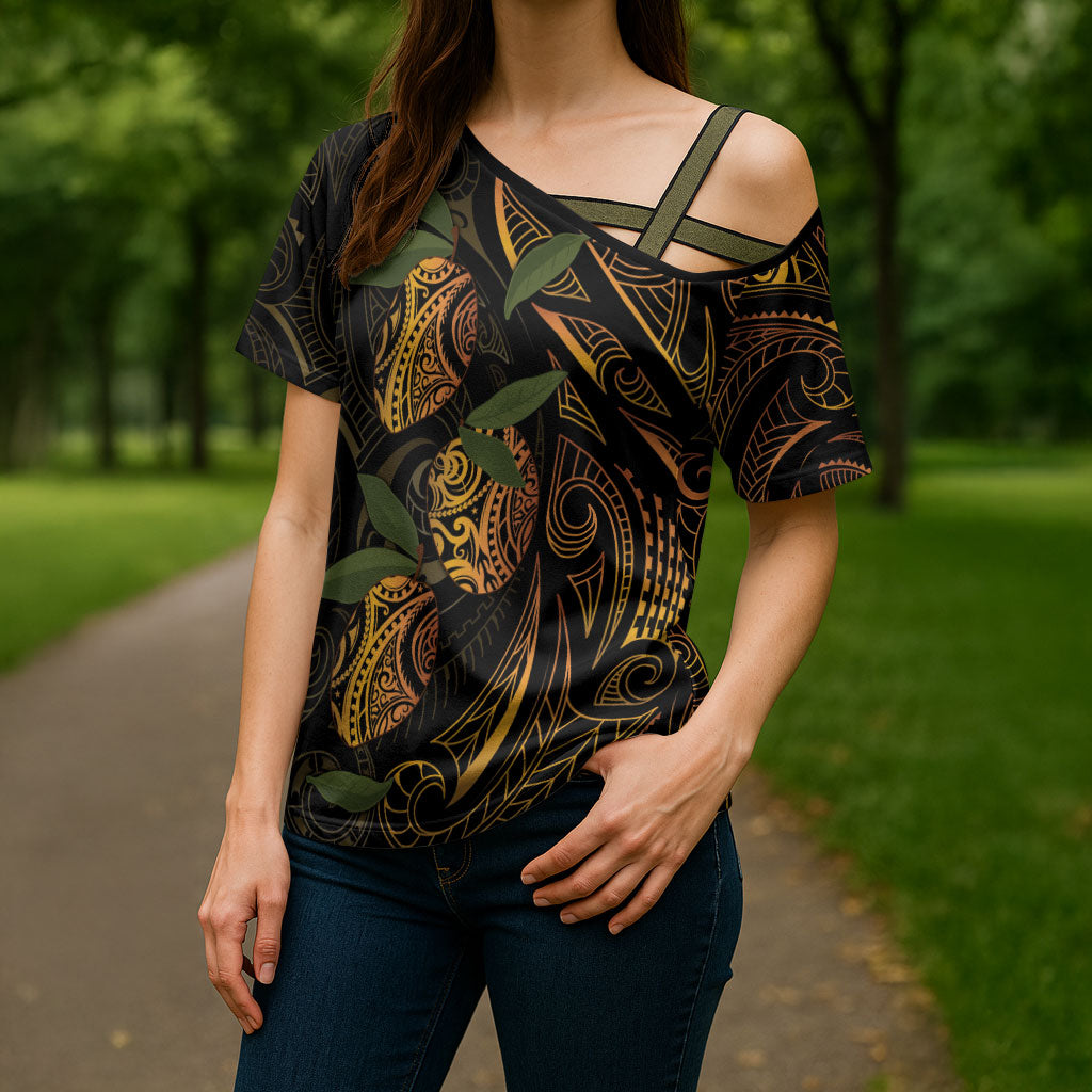 Hawaiian Mango Tribal Tattoo Cross Shoulder Shirt Gold Pacific Traditional Pattern