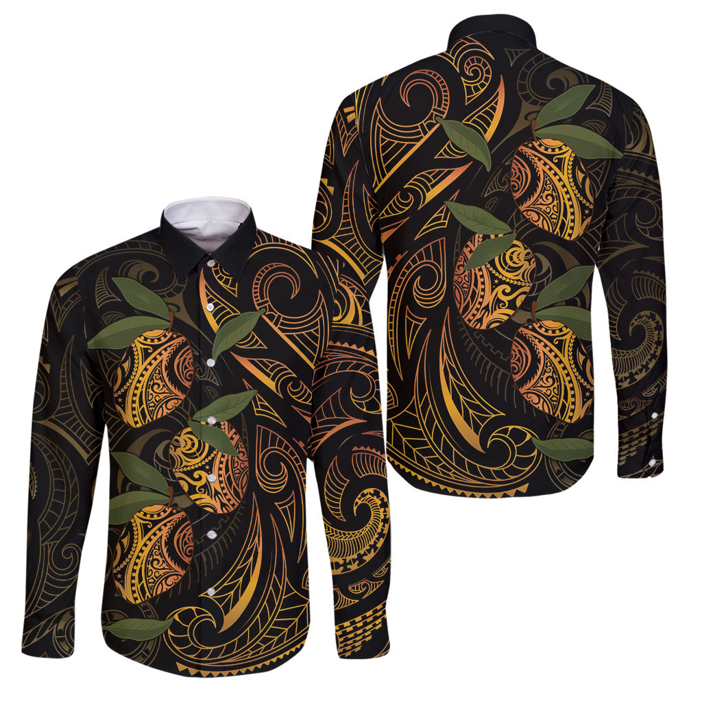 Hawaiian Mango Tribal Tattoo Family Matching Off Shoulder Short Dress and Hawaiian Shirt Gold Pacific Traditional Pattern