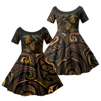 Hawaiian Mango Tribal Tattoo Family Matching Short Sleeve Bodycon Dress and Hawaiian Shirt Gold Pacific Traditional Pattern