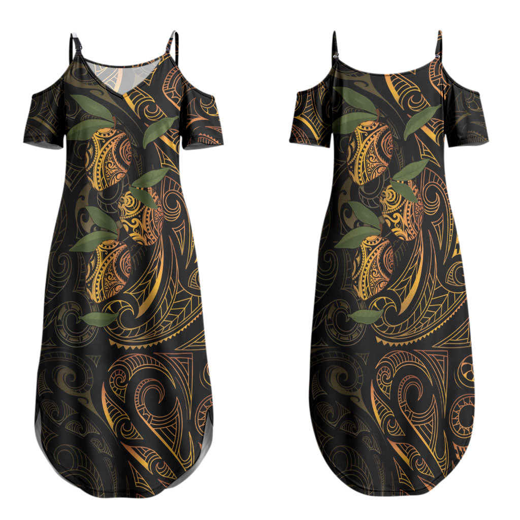 Hawaiian Mango Tribal Tattoo Family Matching Summer Maxi Dress and Hawaiian Shirt Gold Pacific Traditional Pattern