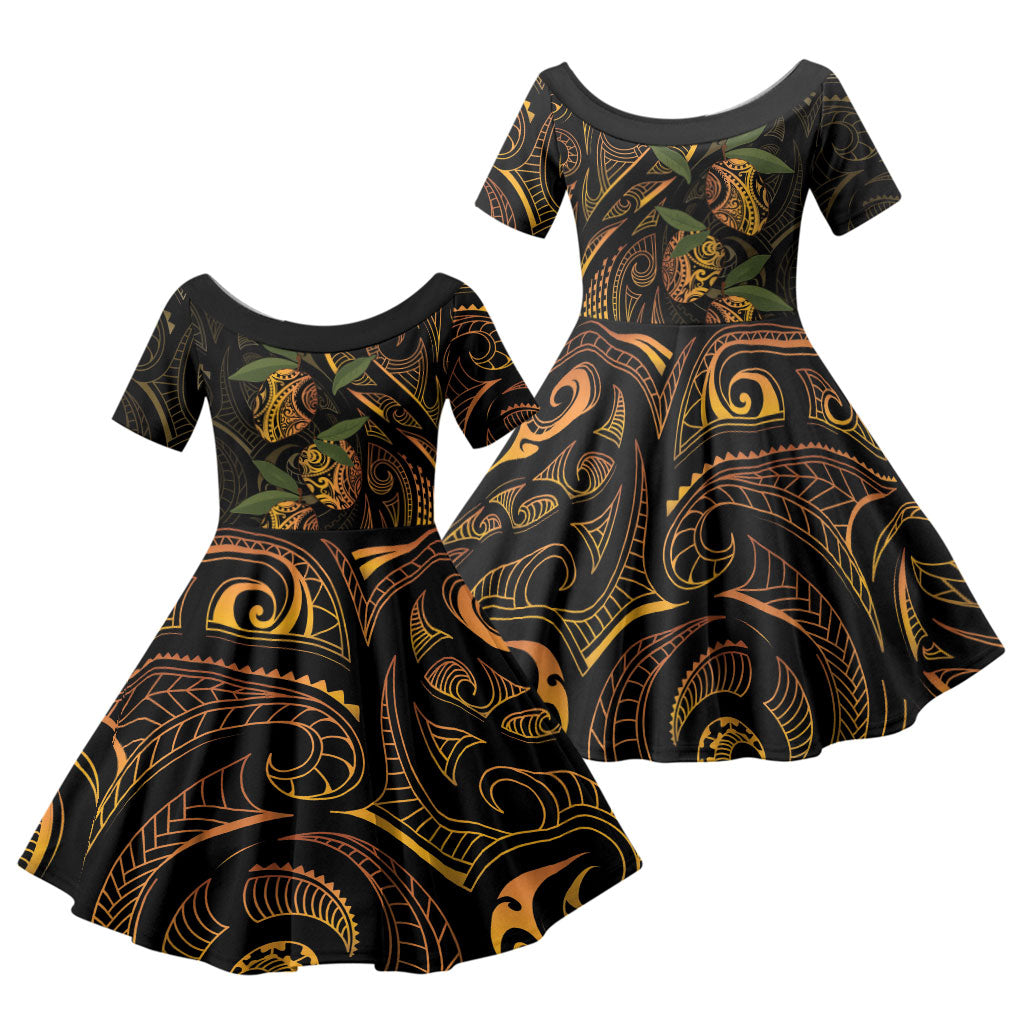 Hawaiian Mango Tribal Tattoo Family Matching Summer Maxi Dress and Hawaiian Shirt Gold Pacific Traditional Pattern