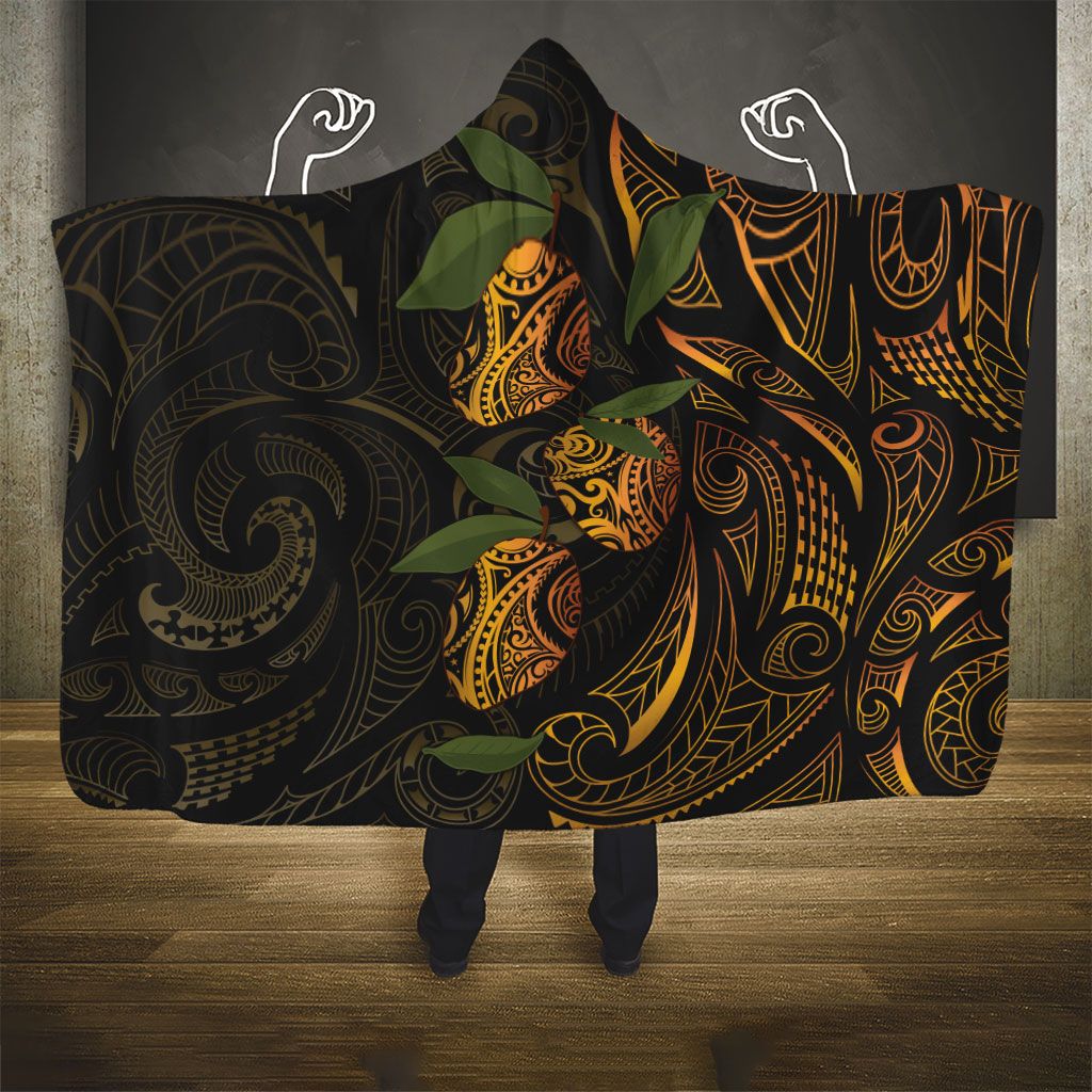 Hawaiian Mango Tribal Tattoo Hooded Blanket Gold Pacific Traditional Pattern