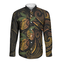 Hawaiian Mango Tribal Tattoo Long Sleeve Button Shirt Gold Pacific Traditional Pattern