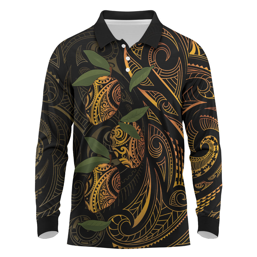 Hawaiian Mango Tribal Tattoo Long Sleeve Polo Shirt Gold Pacific Traditional Pattern