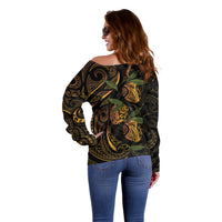 Hawaiian Mango Tribal Tattoo Off Shoulder Sweater Gold Pacific Traditional Pattern