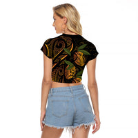 Hawaiian Mango Tribal Tattoo Raglan Cropped T Shirt Gold Pacific Traditional Pattern