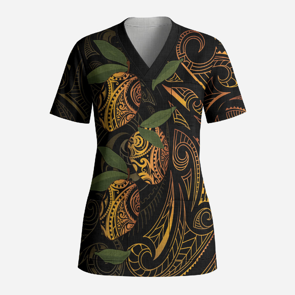 Hawaiian Mango Tribal Tattoo Scrub Top Gold Pacific Traditional Pattern