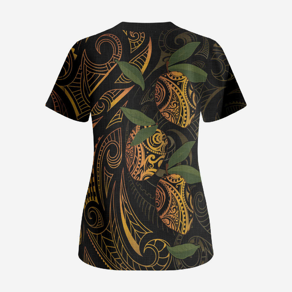 Hawaiian Mango Tribal Tattoo Scrub Top Gold Pacific Traditional Pattern