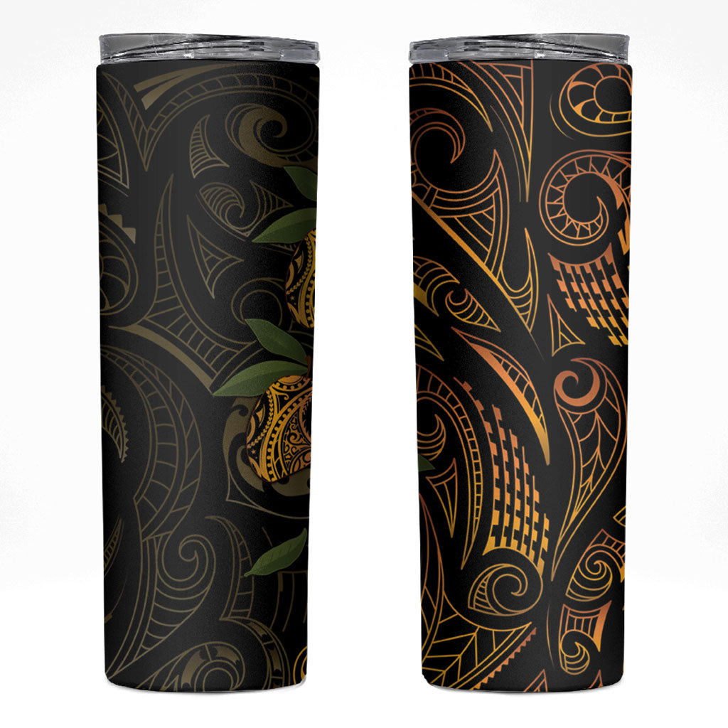 Hawaiian Mango Tribal Tattoo Skinny Tumbler Gold Pacific Traditional Pattern