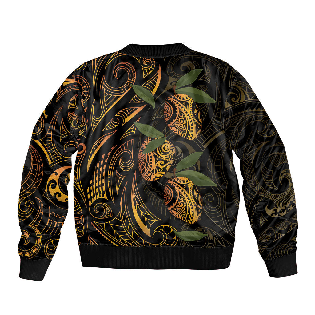 Hawaiian Mango Tribal Tattoo Sleeve Zip Bomber Jacket Gold Pacific Traditional Pattern