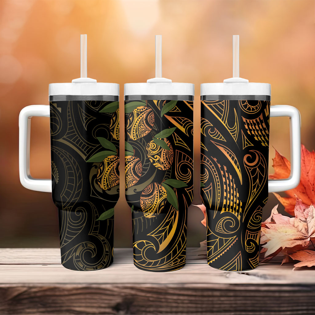 Hawaiian Mango Tribal Tattoo Tumbler With Handle Gold Pacific Traditional Pattern