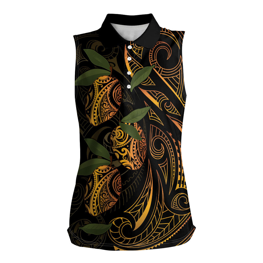Hawaiian Mango Tribal Tattoo Women Sleeveless Polo Shirt Gold Pacific Traditional Pattern