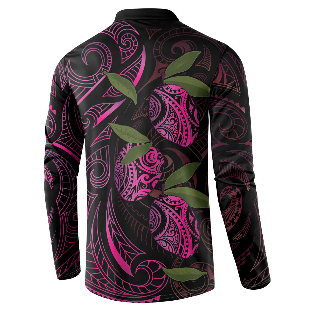 Hawaiian Mango Tribal Tattoo Button Sweatshirt Pink Pacific Traditional Pattern