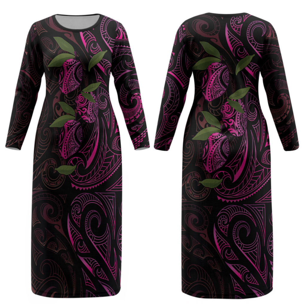 Hawaiian Mango Tribal Tattoo Couples Matching Long Sleeve Bodycon Dress and Long Sleeve Button Shirt Pink Pacific Traditional Pattern