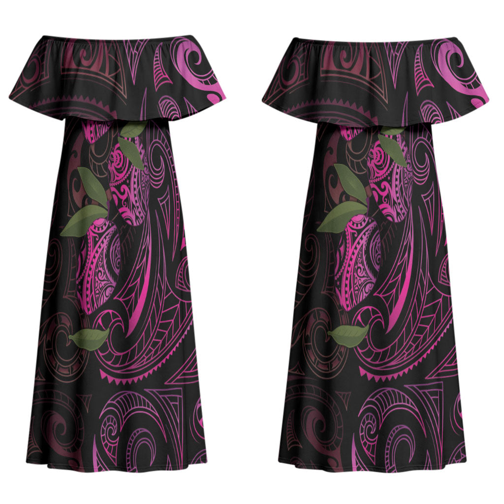 Hawaiian Mango Tribal Tattoo Couples Matching Off Shoulder Maxi Dress and Hawaiian Shirt Pink Pacific Traditional Pattern