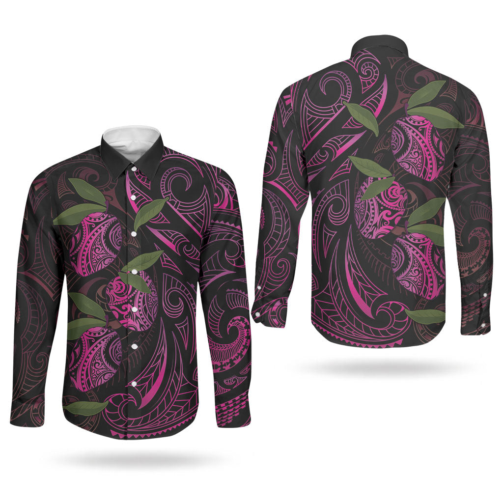 Hawaiian Mango Tribal Tattoo Couples Matching Off The Shoulder Long Sleeve Dress and Long Sleeve Button Shirt Pink Pacific Traditional Pattern