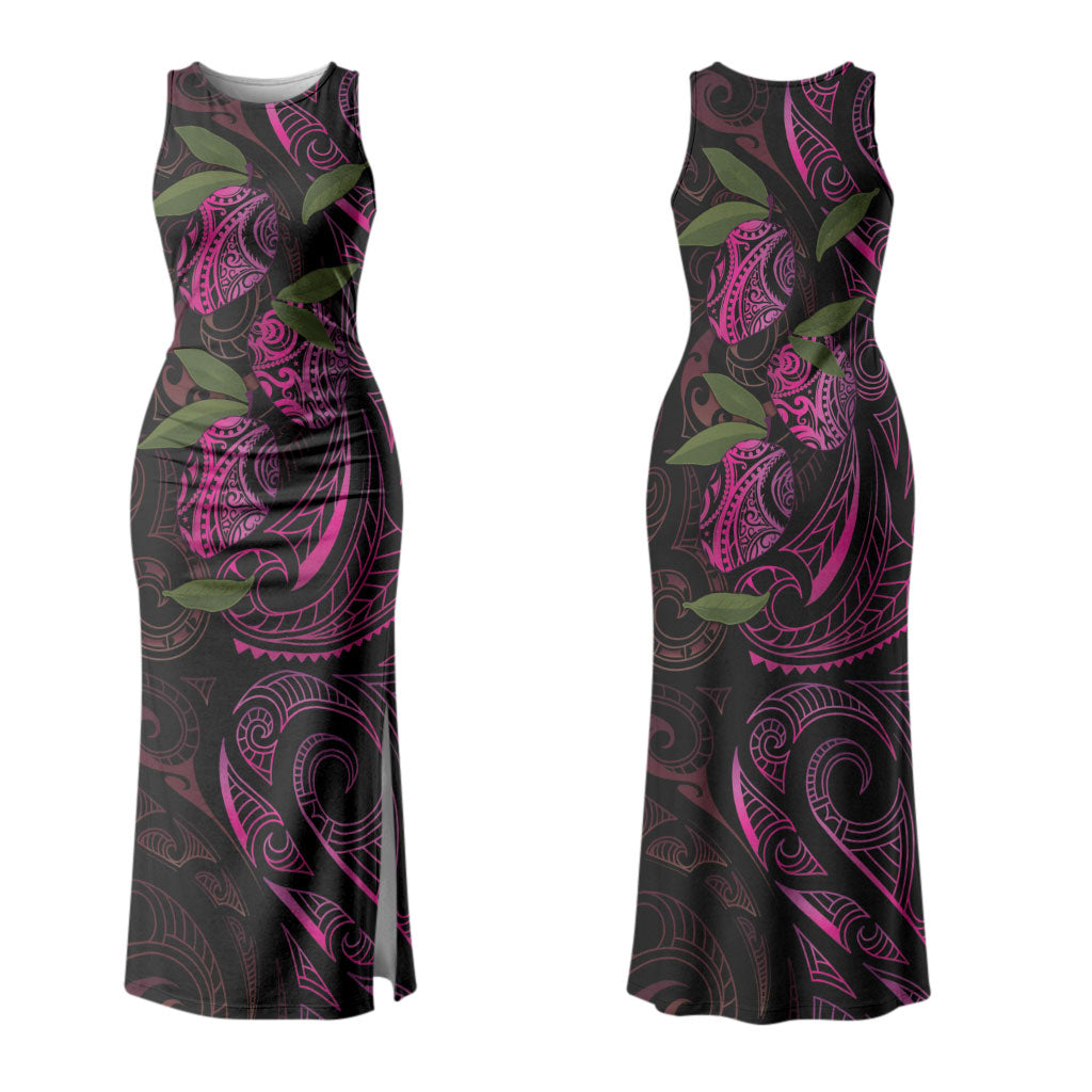 Hawaiian Mango Tribal Tattoo Couples Matching Tank Maxi Dress and Long Sleeve Button Shirt Pink Pacific Traditional Pattern