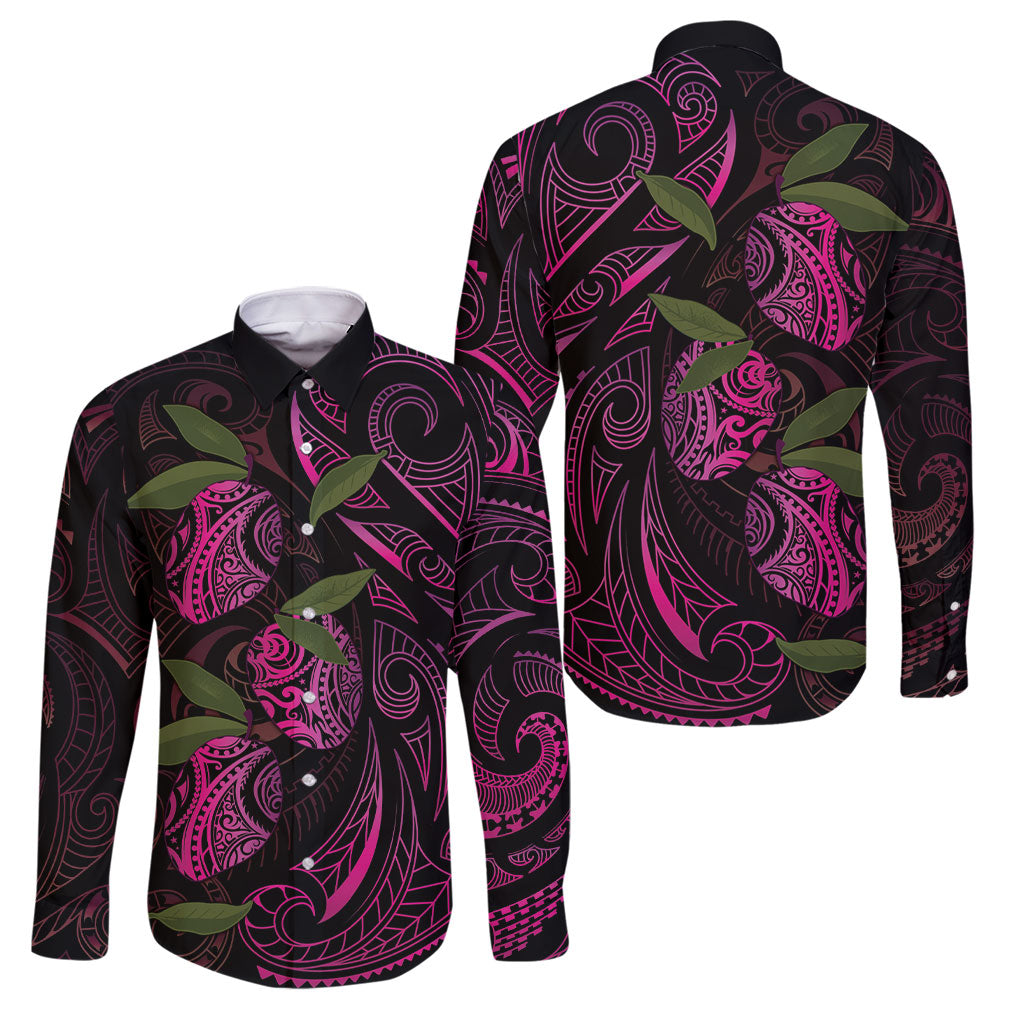 Hawaiian Mango Tribal Tattoo Family Matching Off The Shoulder Long Sleeve Dress and Hawaiian Shirt Pink Pacific Traditional Pattern