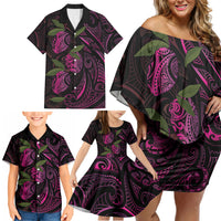 Hawaiian Mango Tribal Tattoo Family Matching Off Shoulder Short Dress and Hawaiian Shirt Pink Pacific Traditional Pattern