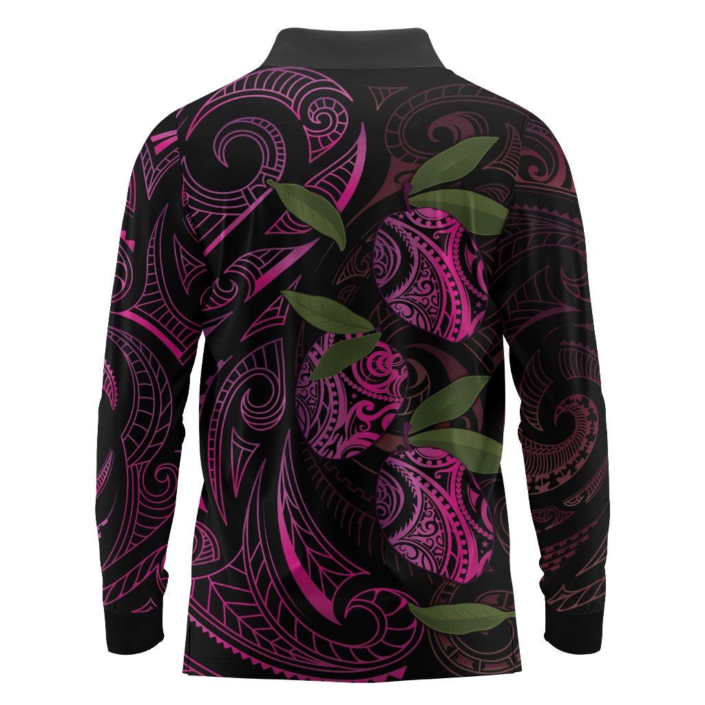 Hawaiian Mango Tribal Tattoo Long Sleeve Polo Shirt Pink Pacific Traditional Pattern