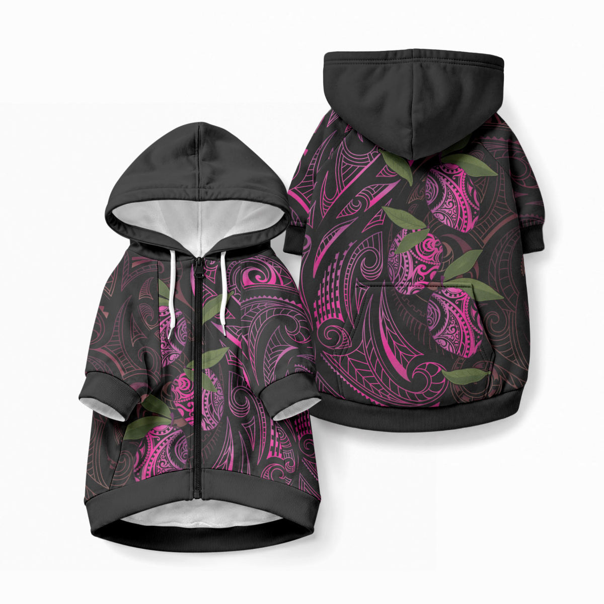 Hawaiian Mango Tribal Tattoo Pet Hoodie Pink Pacific Traditional Pattern LT9 Zip-up Pink - Polynesian Pride