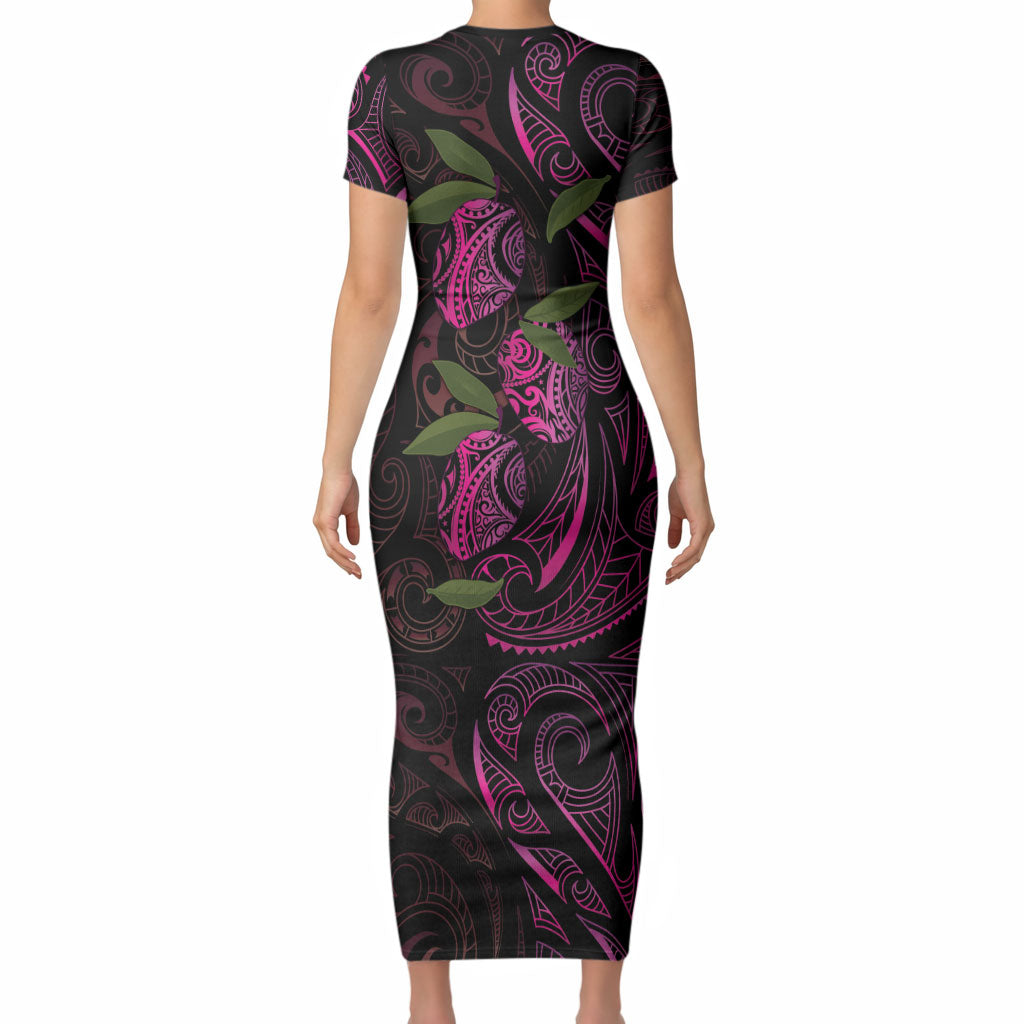 Hawaiian Mango Tribal Tattoo Short Sleeve Bodycon Dress Pink Pacific Traditional Pattern