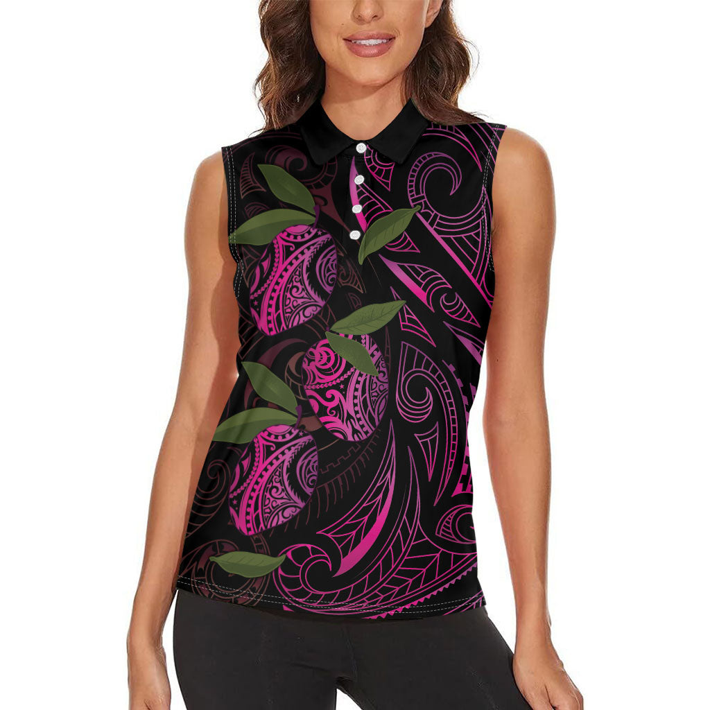 Hawaiian Mango Tribal Tattoo Women Sleeveless Polo Shirt Pink Pacific Traditional Pattern